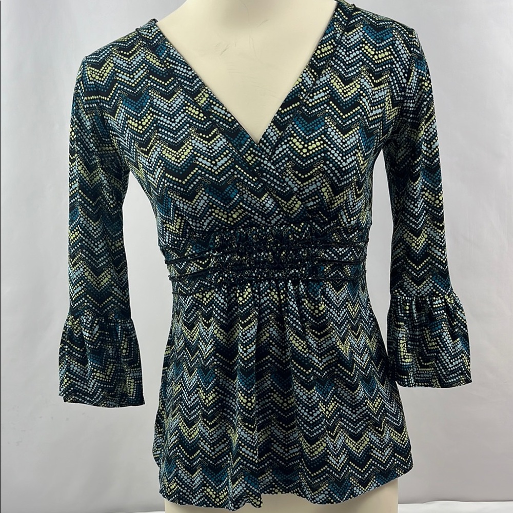 Style & Company Babydoll Abstract Fairy Gypsy Top in Green and Blue Size S‎